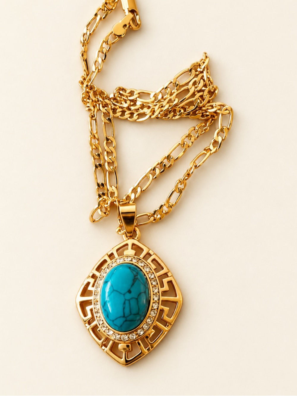 Turquoise Blue Cabochon Pendant Necklace Gold Tone Crystal Halo Cairo Egypt NEW